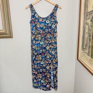 Vintage 90s Blue Floral Maxi Dress Wooden Beaded Fringe Whimsigoth Side Slit